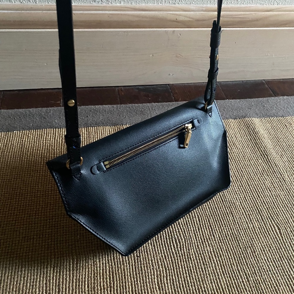 J. Crew black leather crossbody fold over bag with gold zippers NWOT